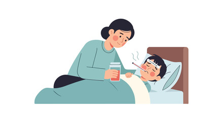 Obraz premium A caring mother tends to her sick young son who is lying in bed with a fever and a thermometer in his mouth.
