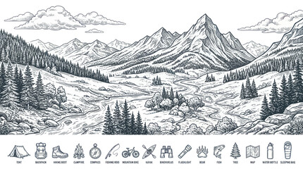 Mountain valley landscape with outdoor camping and hiking icons © khimsa