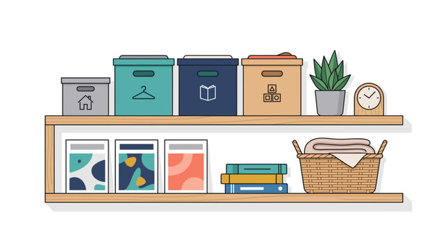 Organized home storage shelves with boxes books plant and basket of blankets Vector