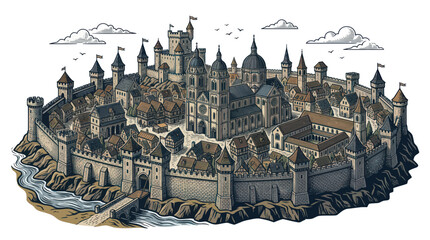 Ancient medieval walled city with castle and cathedral towers © khimsa