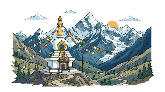 Buddhist stupa with colorful prayer flags in himalayan mountains
