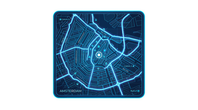 Futuristic neon city map of amsterdam with glowing canals and routes
