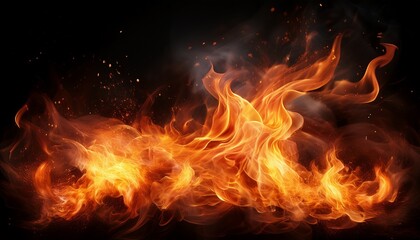 Fototapeta premium Blazing Realistic Fire Flames With Glowing Embers And Sparks Isolated On Transparent Background Warm Flowing Fire Overlay Effect