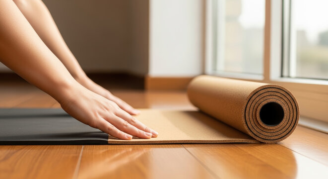 Person unrolling yoga mat on wooden floor near window promoting healthy lifestyle to prevent fatty liver disease and improve wellness