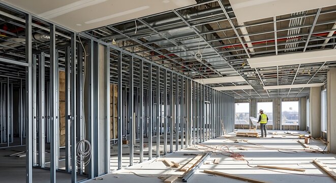 Interior construction site showing metal framing and building structure