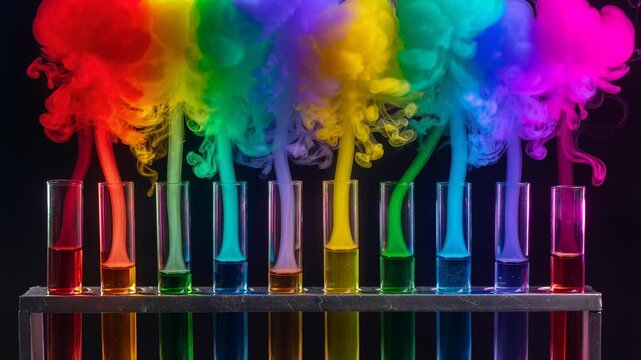 Vibrant rainbow colorful smoke swirling from a row of test tubes in a creative science experiment