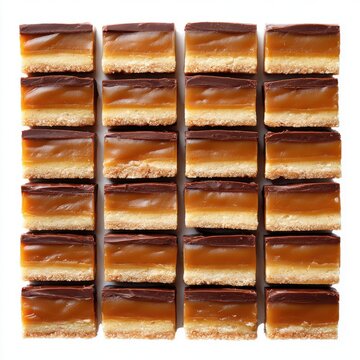 Australian caramel slice bars with distinct layers arranged isolated on white background