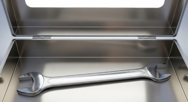 Silver wrench in metal toolbox, shiny tool for repair and maintenance, close up of open toolbox with single wrench inside