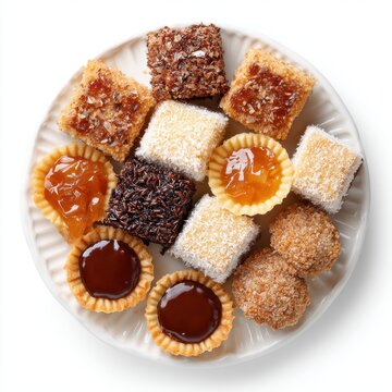 Sweets Australian dessert plate with assorted lamingtons pavlova isolated on white background