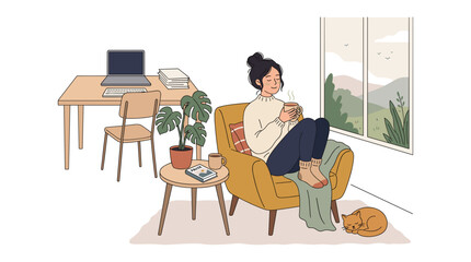 Fototapeta premium Woman relaxing in armchair with coffee and cat by window with scenic view Vector