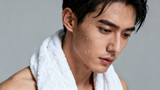 young asian man with sweat on face and towel around neck