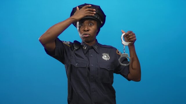 Young african american woman police officer holding handcuffs and touching hat in studio with a startled expression; surprise duty.