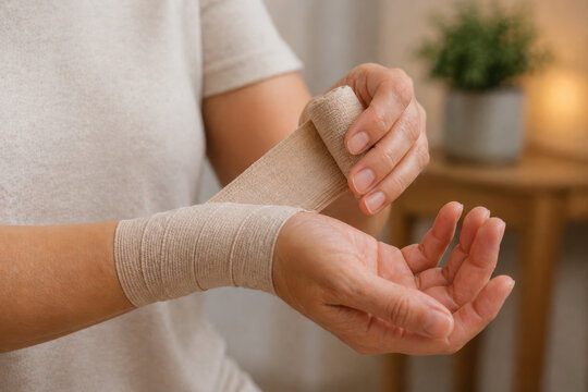 Chronic disease management concept showing person wrapping elastic bandage on wrist for injury care and support at home
