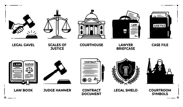 Law justice icons vector legal gavel scales briefcase set