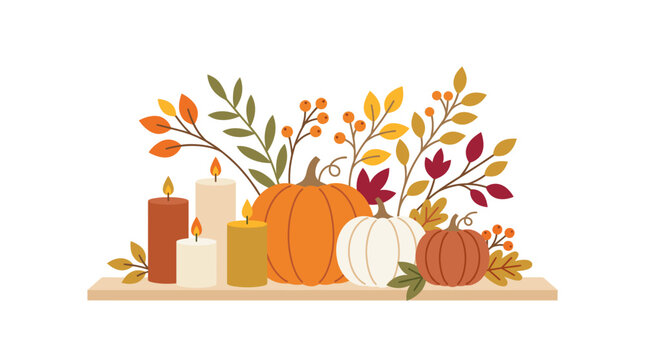 Autumn harvest decoration with pumpkins candles and fall leaves on a shelf Vector