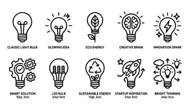 Light Bulb Line Icon Set with Idea Generation Innovation Energy Saving and Creative Thinking Symbols Vector Collection
