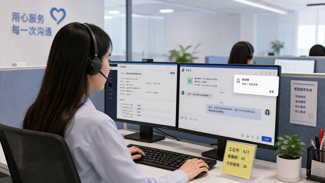 Customer Service Agent at Work: A focused customer service representative with a headset on, expertly navigates a dual-monitor setup in a modern call center, providing attentive support.