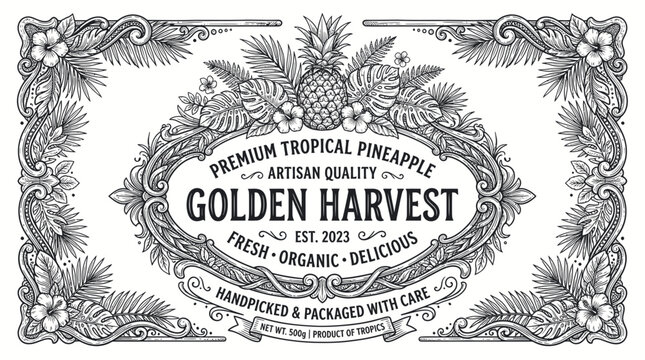 Vintage tropical pineapple label with ornate botanical frame
