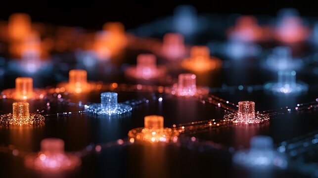 Smart agent network exchanging knowledge instantly, advanced artificial intelligence coordination, luminous digital pathways,