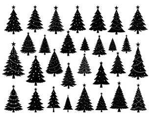 Obraz premium A collection of 25 black Christmas trees with white decorations