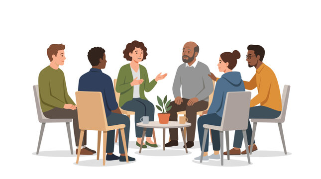Diverse group of people sitting in a circle discussing issues in a support group meeting Vector