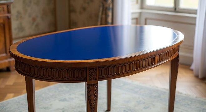 Elegant wooden desk with a blue top in a well lit interior setting