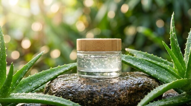 Aloe vera gel on stone floor tile with leaf pattern wallpaper design