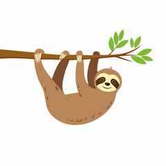 Obraz premium Cute cartoon sloth hanging from a tree branch