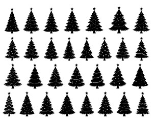 Obraz premium A collection of 30 small black Christmas trees on white background