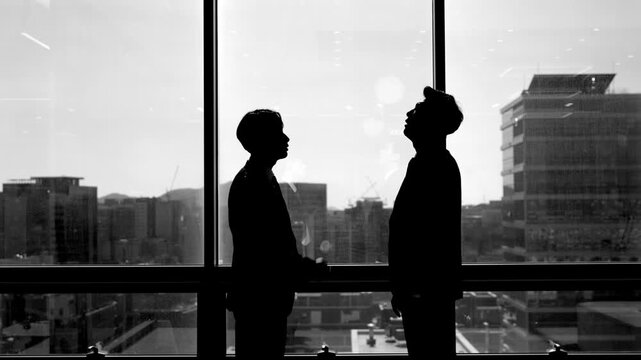 Black and white silhouettes of two people facing each other with pointing gestures in a tense confrontation in front of large windows with a dramatic urban cityscape.