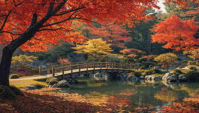 紅葉した楓と木の橋が池に映る秋の日本庭園風景