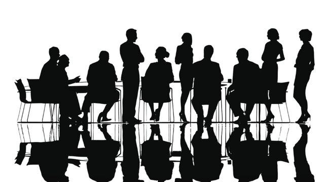 Businessmen and businesswomen silhouettes sit around a long boardroom table in a high contrast black and white monochromatic scene that emphasizes professional leadership and collective corporate.
