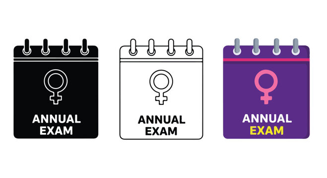Three colorful exam appointment cards with gender symbols and the words annual exam on a white background