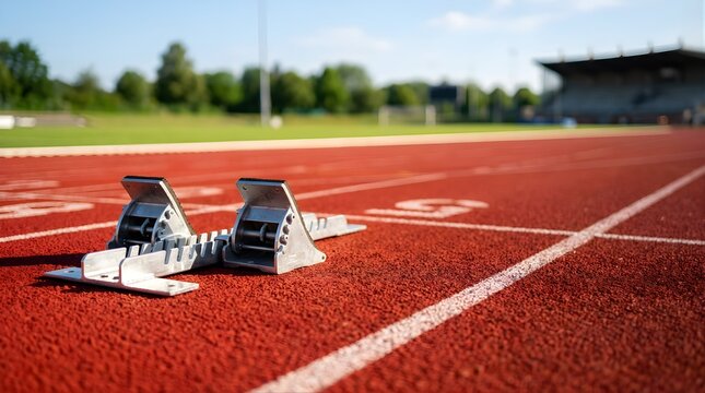 Starting blocks on a red athletics track at a stadium during daytime