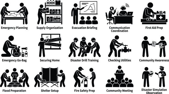 Disaster Preparedness Activities Silhouettes, Emergency Planning Training Vector Illustration