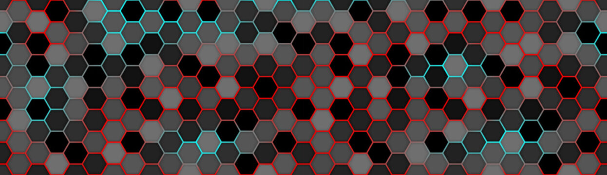 Hexagonal wide cyberpunk red and cyan technology background. Bright geometric science pattern with glowing hexagons cells. Abstract grid science pattern. Vector illustration
