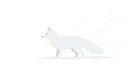 A minimalist illustration of a white arctic fox walking across a snowy landscape. © Joko santoso