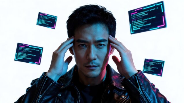 Man in leather jacket with digital code