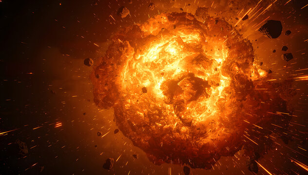 Fiery Explosion in Space with Glowing Molten Cores and Asteroid Debris