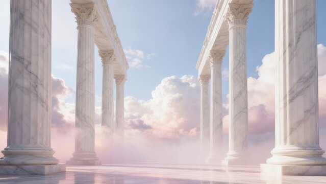Marble columns in sky with clouds