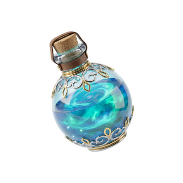 Fantasy magic potion bottle with glowing blue liquid, ornate gold filigree glass vial, mystical elixir flask for gaming and alchemy concepts