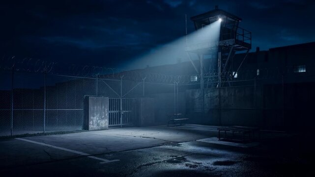 Dark prison yard illuminated by powerful watchtower spotlight casting long shadows at night