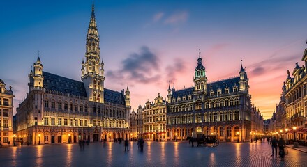 Fototapeta premium Evening cityscape featuring historical architecture and illuminated buildings