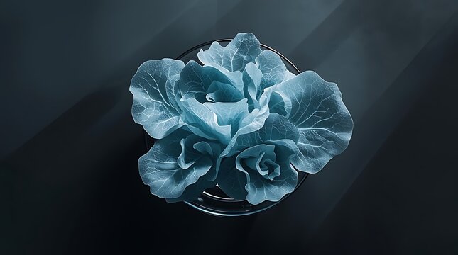 Close-up of a delicate blue cabbage head with intricate leaf veins against a dark background