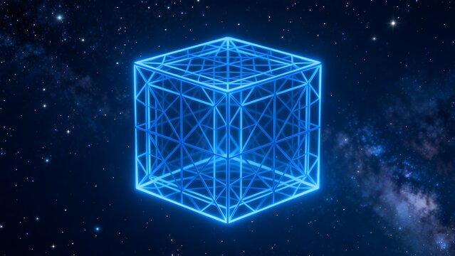Blue wireframe cube in space