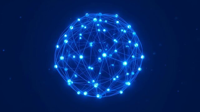 Digital network globe circle spiral sphere abstract connection data technology future glowing blue cyber sphere with futuristic data globe web pattern and glowing node line on dark blue background