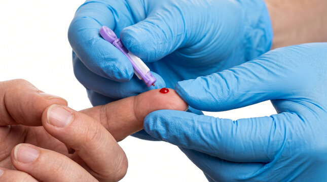 Finger Prick Blood Test for Blood Typing and Laboratory Analysis on White Background