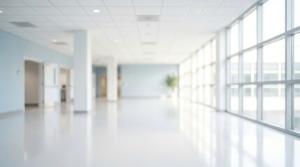Fototapeta premium Blurred view of a bright hospital corridor with white tiled floors and large glass windows reflecting natural light along a long hallway with pale blue walls and recessed ceiling lights