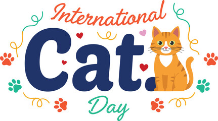 Fototapeta premium International cat day celebration with cute orange tabby cat and paw prints