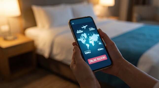 Close up of hands holding a smartphone displaying a travel booking app with a map and transportation against a blurred hotel bedroom background with warm lighting and white bed linens